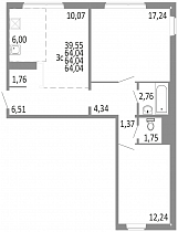 3-комнатная квартира 64.04 м2 ЖК «НИКС Лайн на Блюхера»