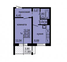 1-комнатная квартира 33,95 м2 ЖК «Восход-2»
