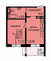 1-комнатная квартира 33,71 м2 ЖК «Восход-2»